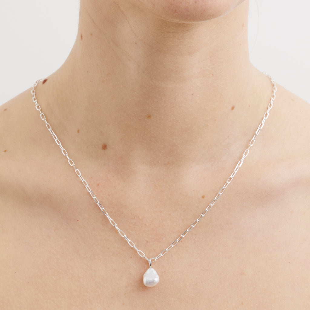 Baroque Pearl Drop Mini Link Silver Necklace