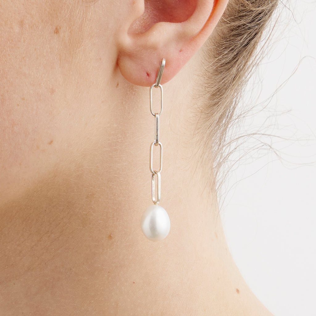 Baroque Pearl Drop Long Silver Link Earrings