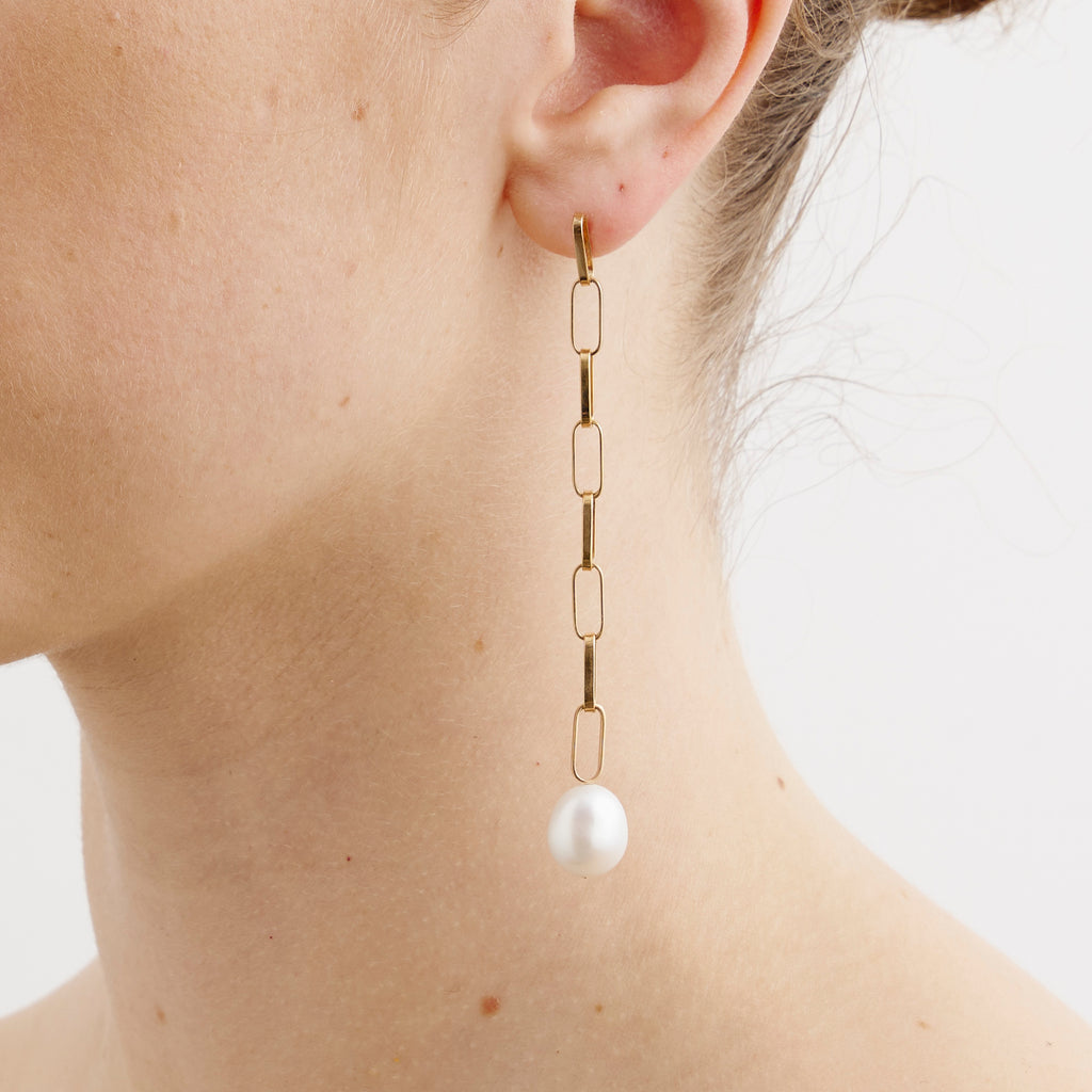 Baroque Pearl Drop Extra Long Gold Link Earrings