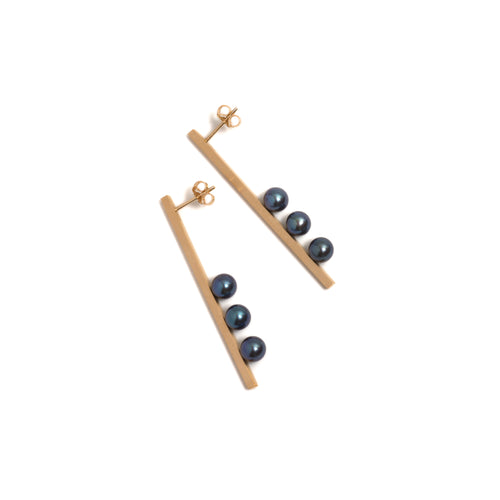 Golden Vertical Suspended Three Pearl Earrings