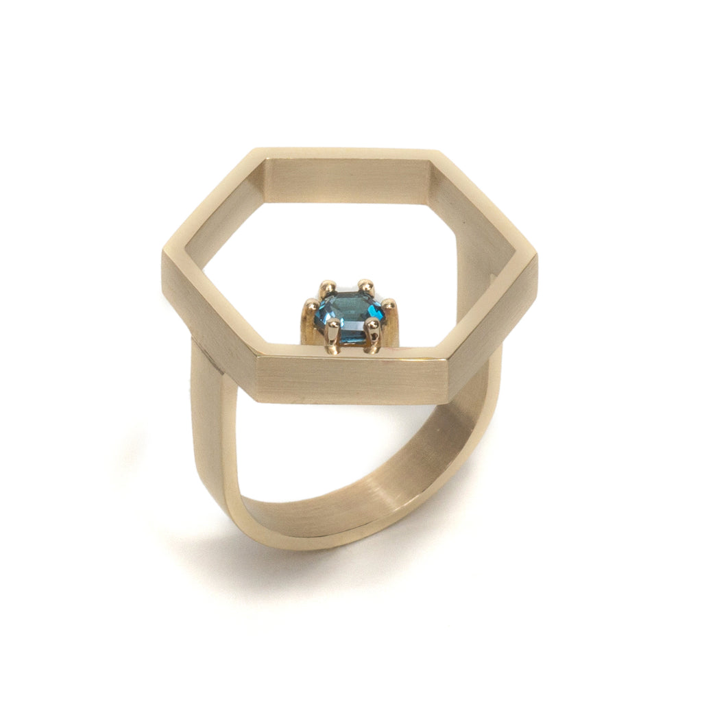 Hexagonal Step Cut London Blue Topaz Open Hex Ring