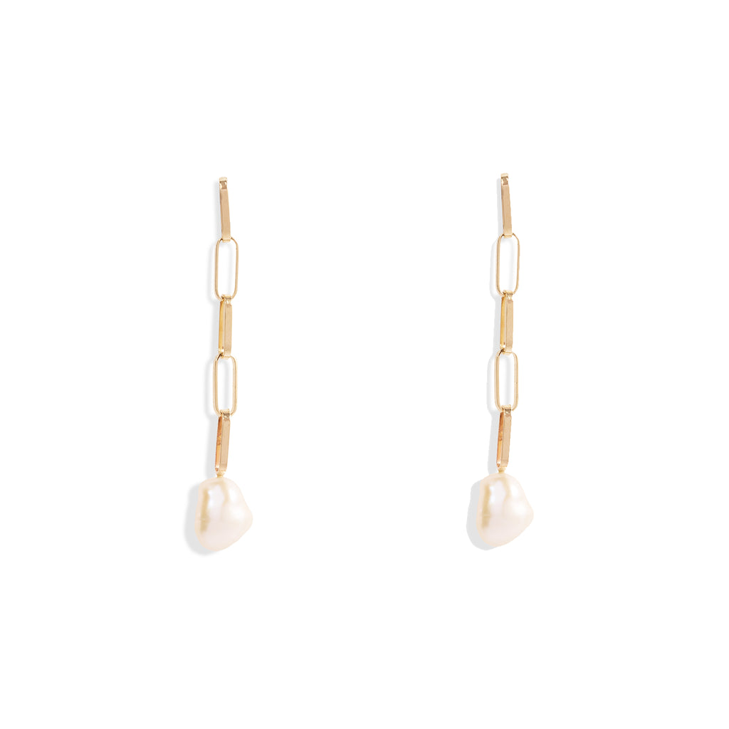 Baroque Pearl Drop Long Gold Link Earrings