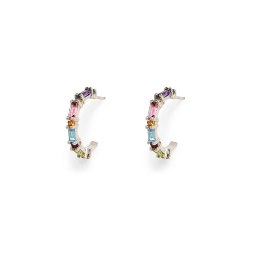 XO Rainbow Small Silver Gem Huggie Earrings