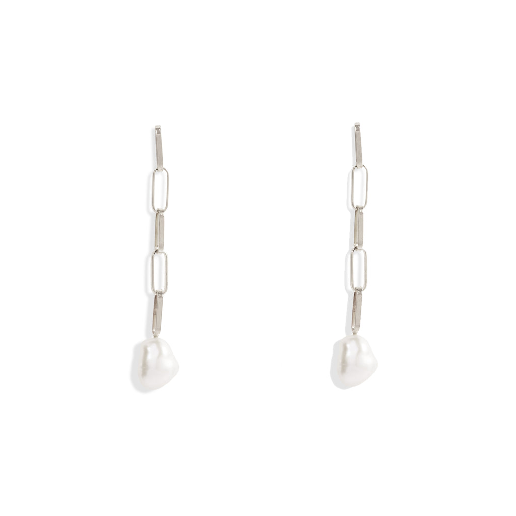 Baroque Pearl Drop Long Silver Link Earrings