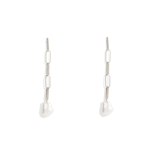 Baroque Pearl Drop Long Silver Link Earrings