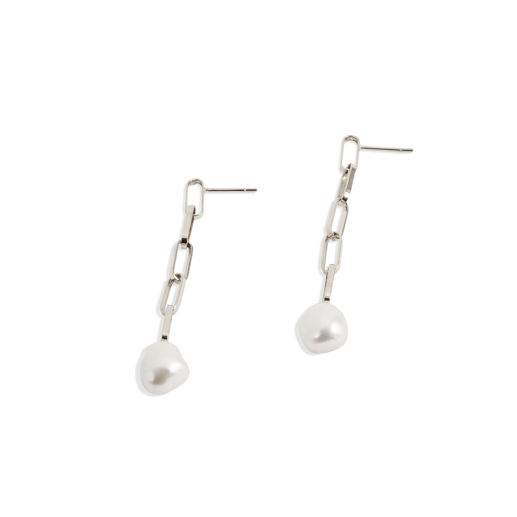 Baroque Pearl Drop Long Silver Link Earrings