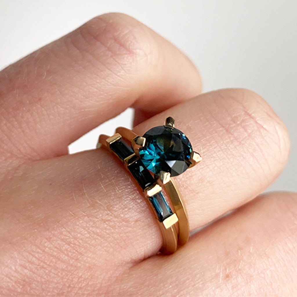 Three Stone Baguette Parti Sapphire Ring