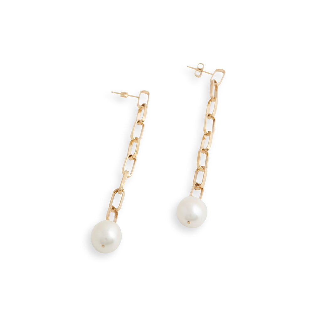 Baroque Pearl Drop Extra Long Gold Link Earrings