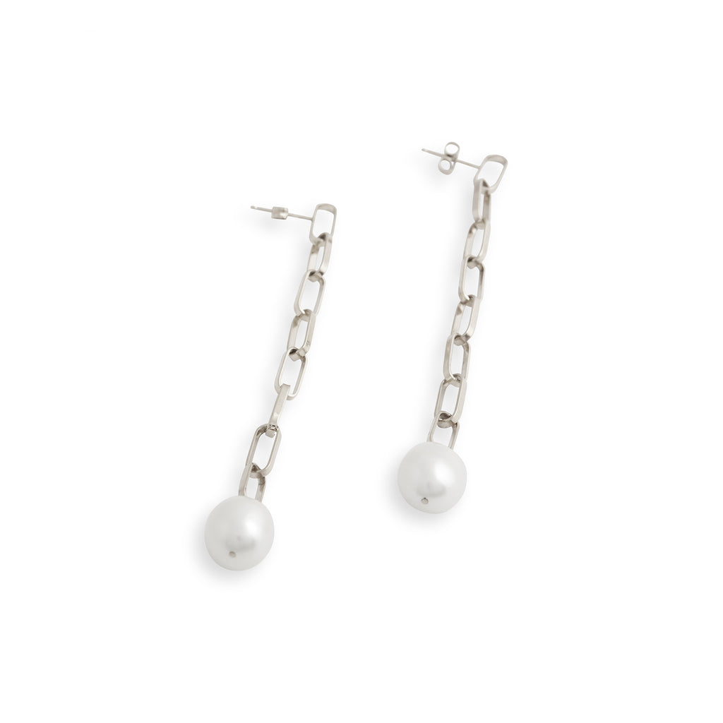 Baroque Pearl Drop Extra Long Silver Link Earrings