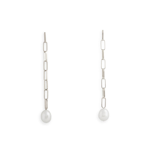 Baroque Pearl Drop Extra Long Silver Link Earrings